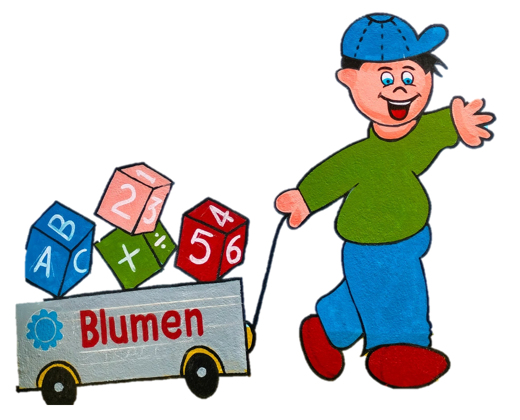 Wall mural at Blumen: a child pulling a wagon of alphabet and number blocks